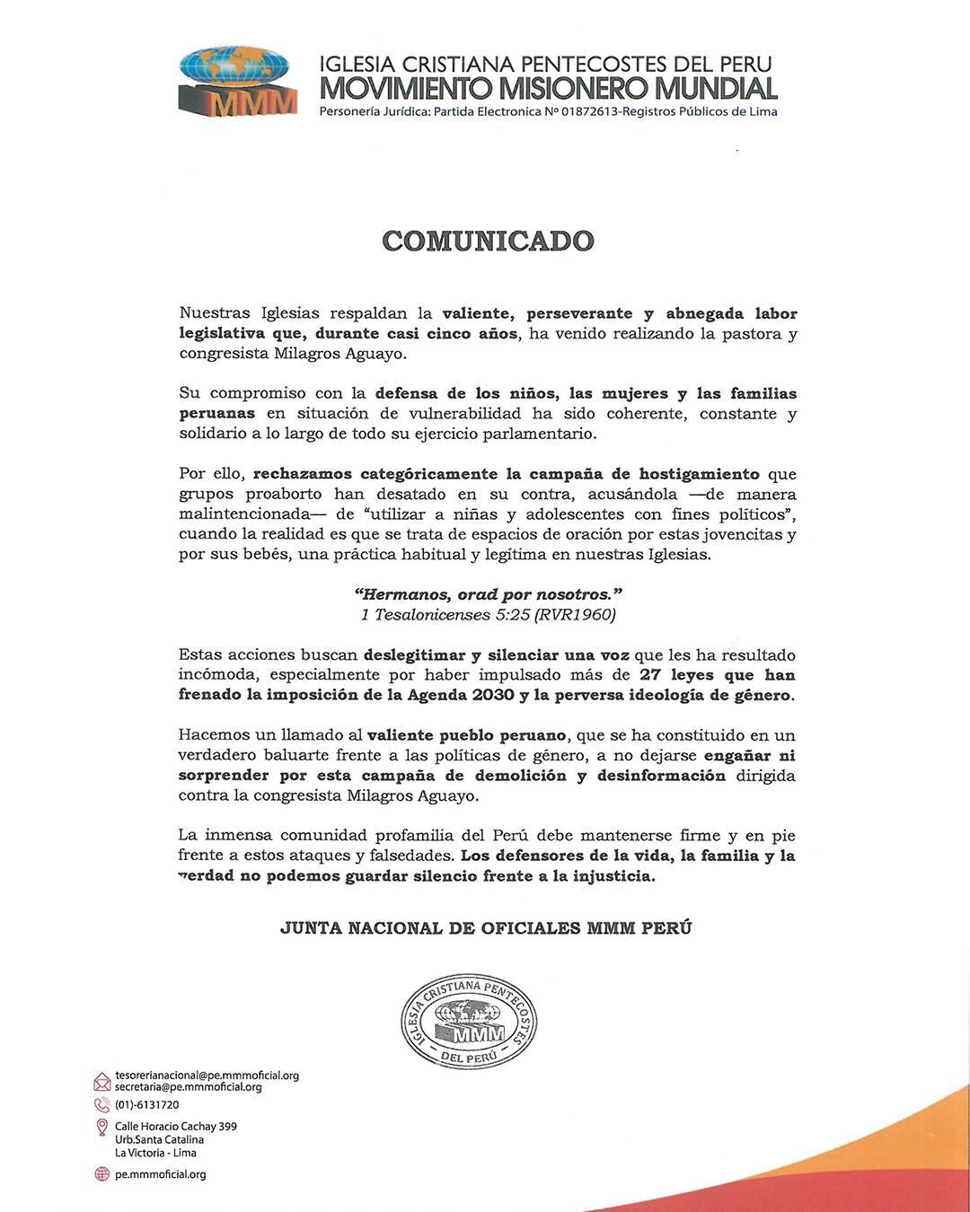 Un comunicado oficial del Movimiento Misionero Mundial (MMM) de Perú expresa su respaldo a la congresista Milagros Jáuregui frente a campañas de presunto hostigamiento