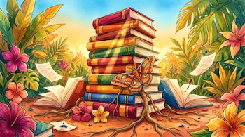 Pila de libros de colores, mariposa grande con alas estampadas, raíces, libros abiertos, páginas volando, hojas tropicales, flores de varios colores, gotas de tinta.