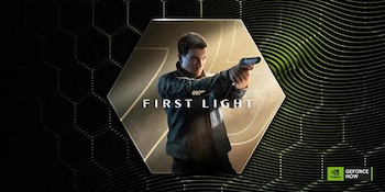 Un hombre dentro de un marco hexagonal apunta con una pistola junto al texto 007 First Light y el logotipo de Nvidia GeForce NOW