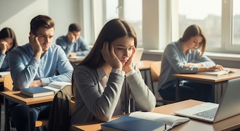 Varios estudiantes universitarios sentados en pupitres en un aula. Una joven en primer plano con las manos en la cara, y otros con expresiones de preocupación o mirando hacia abajo.