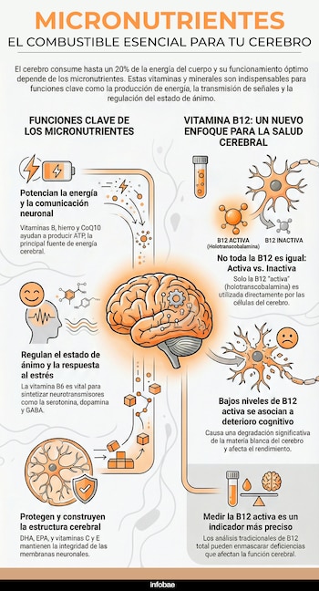 Descubre cómo los micronutrientes actúan como el combustible esencial para tu cerebro. Esta guía visual detalla cómo las vitaminas y minerales potencian la comunicación neuronal, regulan el estado de ánimo y protegen la estructura cerebral. Aprende la diferencia crítica entre la vitamina B12 activa (holotranscobalamina) y la inactiva, y por qué los análisis tradicionales pueden no ser suficientes para detectar deficiencias cognitivas. InfografíaIA.