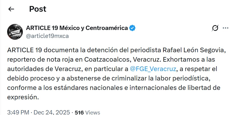 Parte del mensaje de la organización (X/@article19mxca)