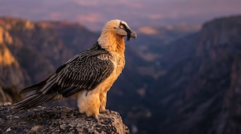 Un quebrantahuesos de plumaje ocre y negro posado sobre una roca, con un cañón y el cielo al atardecer de fondo.