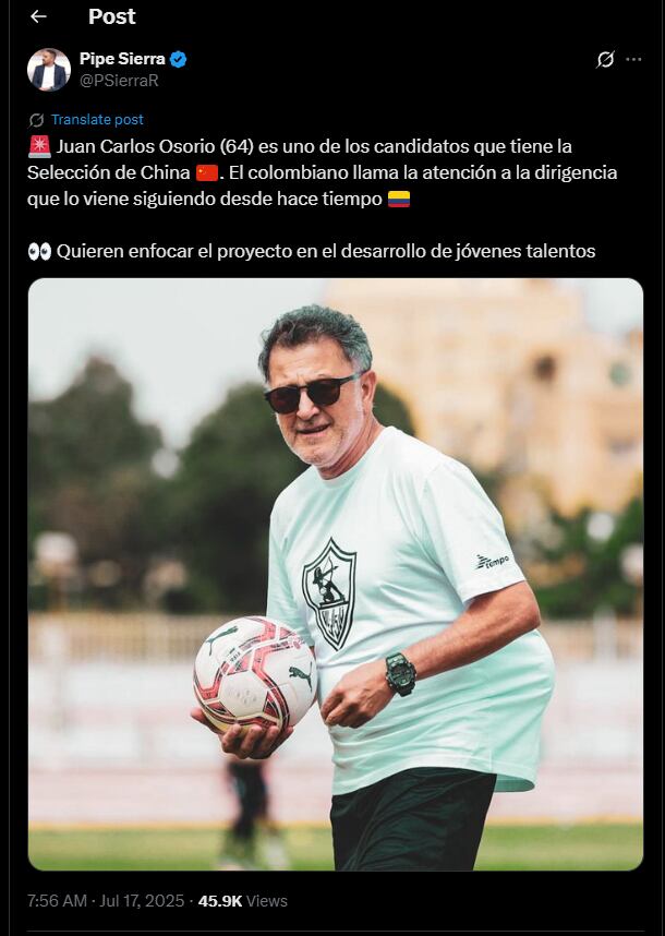 El periodista deportivo informó sobre el interés que tiene la selección de China en contar con el técnico colombiano - crédito @PSierraR / X