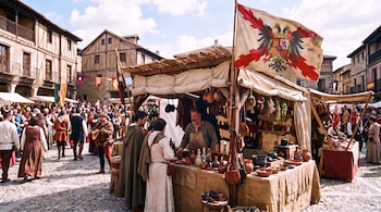 Plaza con puestos de madera, gente con vestimenta medieval y una bandera de la Cruz de Borgoña con un águila bicéfala.