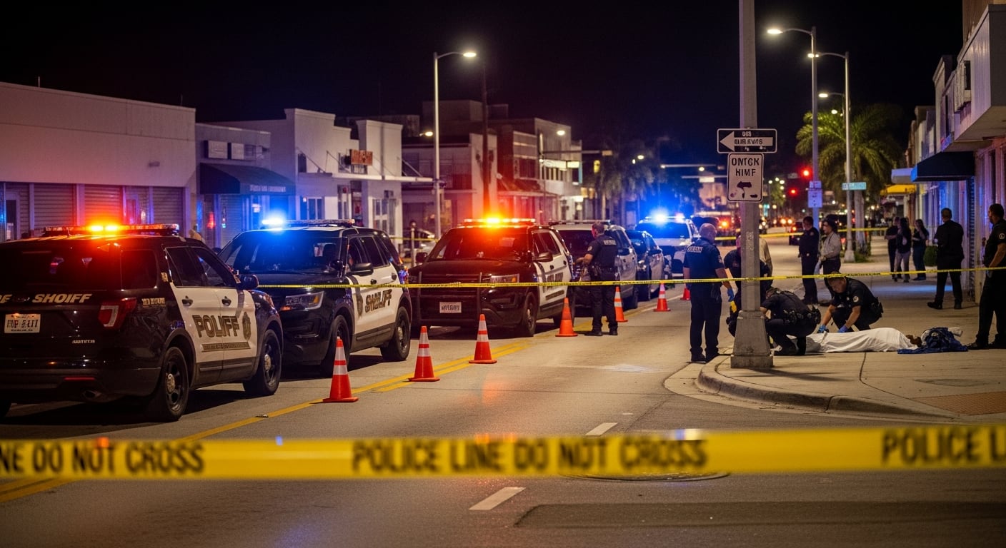 La policía y el sheriff investigan una escena de crimen en la cuadra 1600 de North Dixie Highway en Pompano Beach, con un cuerpo cubierto y la zona acordonada (Imagen Ilustrativa Infobae)