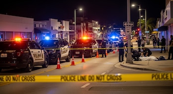 Escena nocturna en Pompano Beach. Patrullas con luces encendidas y cinta policial bloquean North Dixie Highway. Agentes de policía y un cuerpo cubierto visible en la acera.