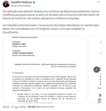 Jennifer Pedraza exige al Gobierno aclarar alcance del acuerdo militar con EE.UU. -crédito @JenniferPedraz/X