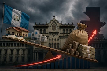 Una balanza inclinada con maquetas de casas y un hospital a la izquierda y dinero a la derecha, ante la bandera de Guatemala.