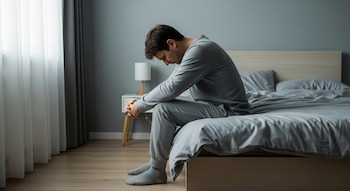 Persona sentada en el borde de una cama gris, con ropa gris, en una habitación con pared gris, ventana con cortinas, mesa de noche y lámpara.