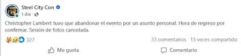 La Steel City Con informó que Christopher Lambert tuvo que retirarse den evento. (Facebook)