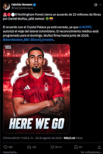 Crystal Palace está cerca de ingresar casi cuatro veces la inversión original que hizo por Daniel Muñoz cuando lo fichó desde KRC Genk-crédito @FabrizioRomano/X