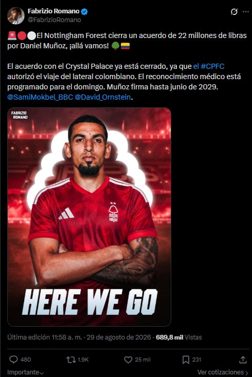 Crystal Palace está cerca de ingresar casi cuatro veces la inversión original que hizo por Daniel Muñoz cuando lo fichó desde KRC Genk-crédito @FabrizioRomano/X