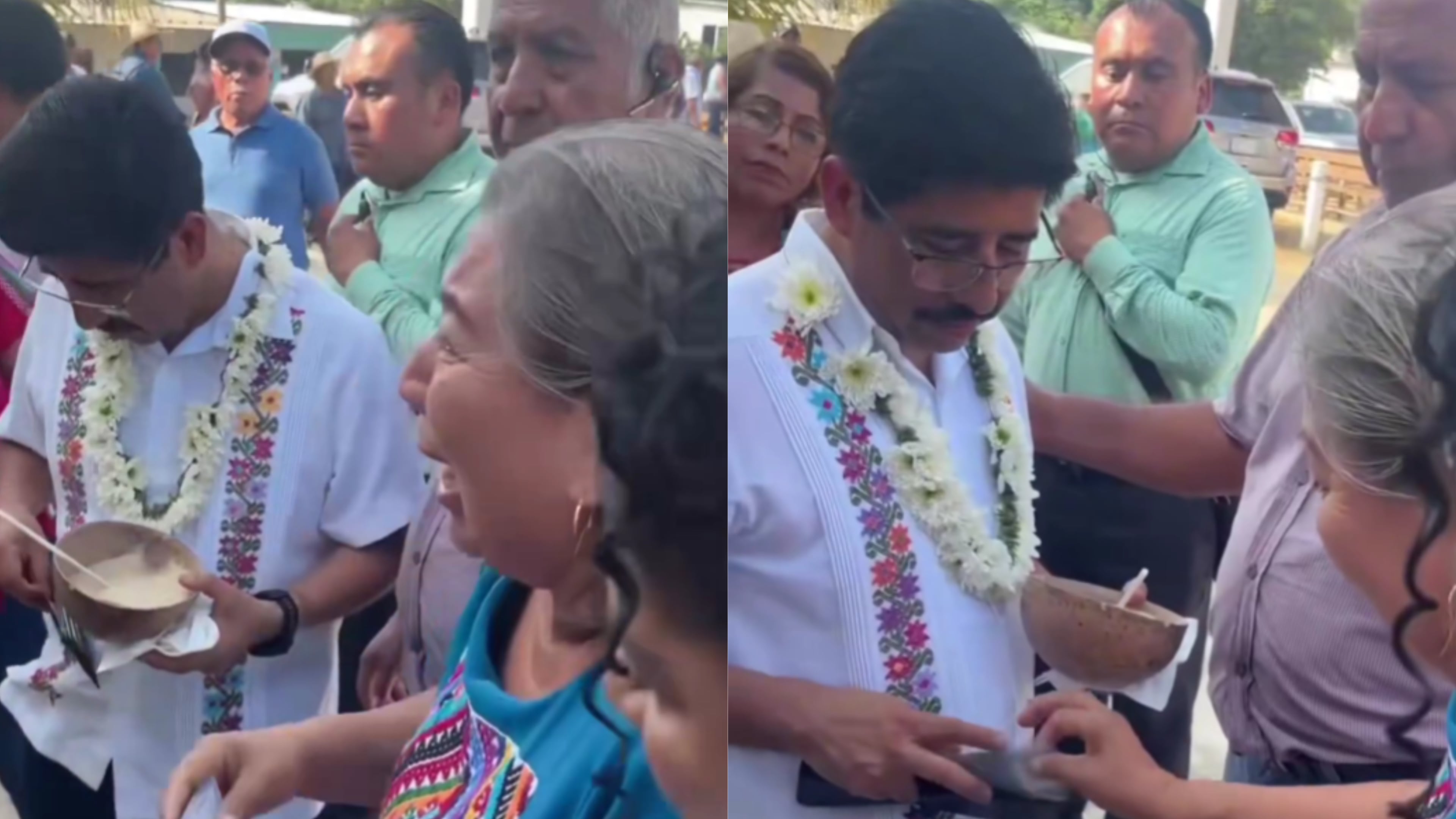 Hugo Aguilar regala mil pesos a una mujer durante mitin en Oaxaca