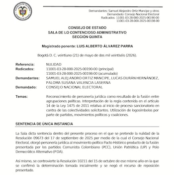 La decisión judicial resolvió las controversias sobre el reconocimiento de la organización y determinó que no existió impedimento legal tras la culminación de los procesos sancionatorios interpuestos a los partidos fusionados - crédito La decisión judicial resolvió las controversias sobre el reconocimiento de la organización y determinó que no existió impedimento legal tras la culminación de los procesos sancionatorios interpuestos a los partidos fusionados