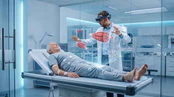 Investigador con gafas de realidad aumentada manipula hologramas de músculos y un diagrama bioquímico. Voluntario yace en una camilla con electrodos.