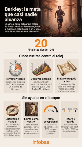 Infografía con un corredor en un bosque, iconos de un cronómetro, montañas, un mapa, una brújula, un libro en un árbol y varios gráficos.