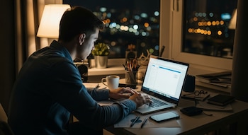 Un joven trabaja en una computadora portátil sobre un escritorio con una lámpara, una taza, un teléfono y lápices, frente a una ventana con luces nocturnas.