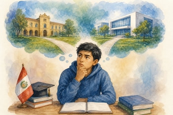 Ilustración de un joven ante un escritorio con libros, un birrete, la bandera de Perú y una nube de pensamiento que contiene dos edificios.