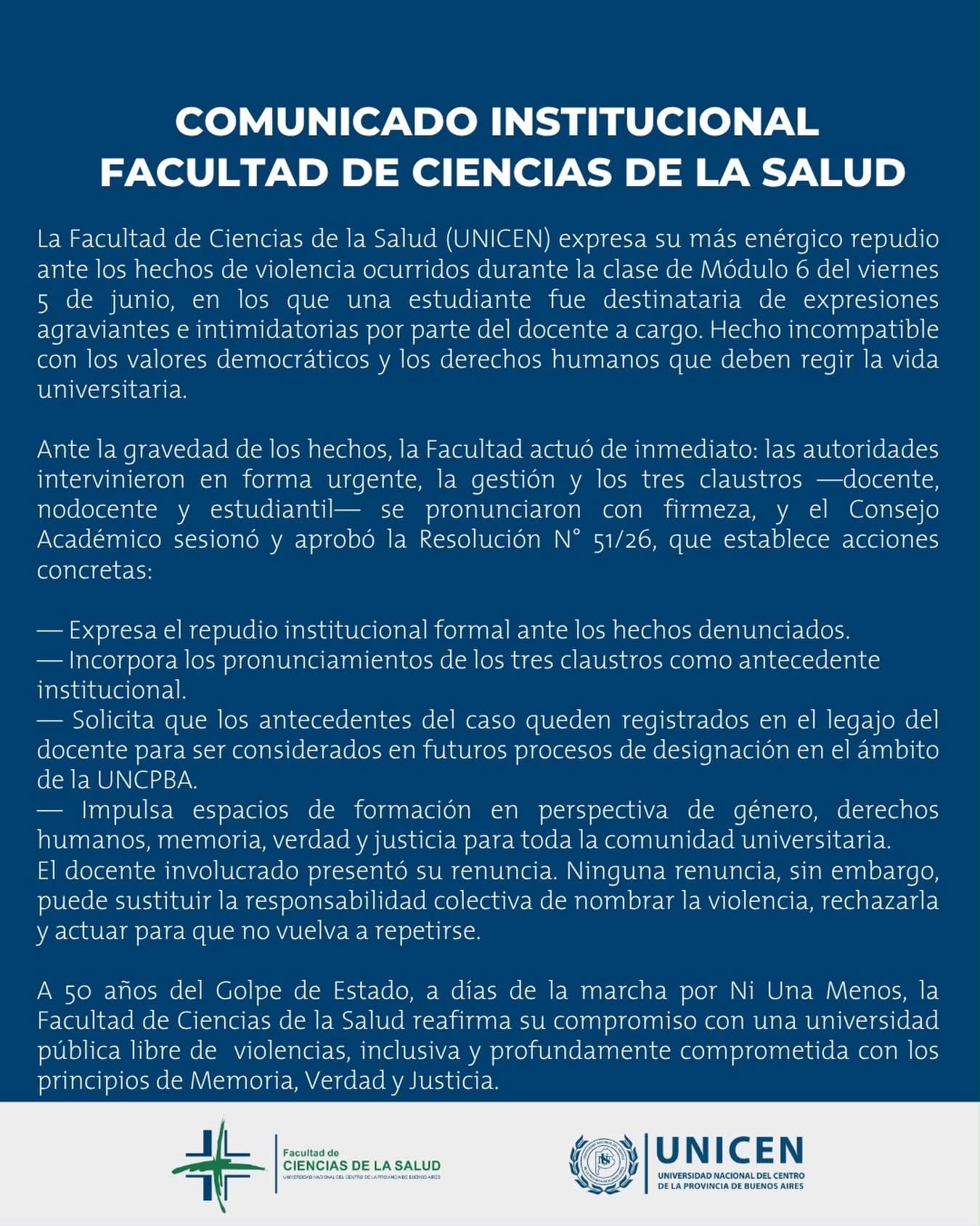 La Facultad de Ciencias de la Salud de Olavarría emitió un comunicado de repudio y pidió registrar el caso en el legajo del docente