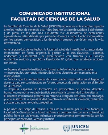La Facultad de Ciencias de la Salud de Olavarría emitió un comunicado de repudio y pidió registrar el caso en el legajo del docente