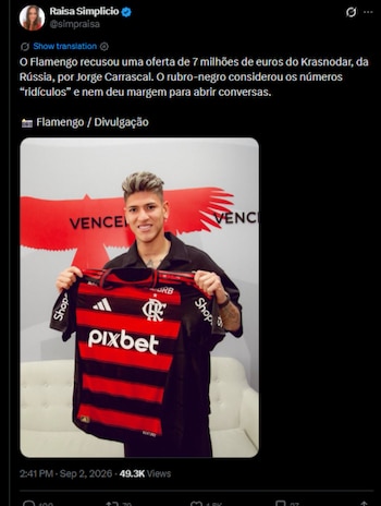 El club brasileño considera a Jorge Carrascal una pieza central en la pelea por el Brasileirao y la Copa Libertadores-crédito @simpraisa/X