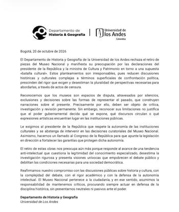 El comunicado por parte del Departamento de Historia y Geografía de la Universidad de los Andes se emitió el miércoles 21 de octubre de 2026 - crédito @histgeouniandes/IG