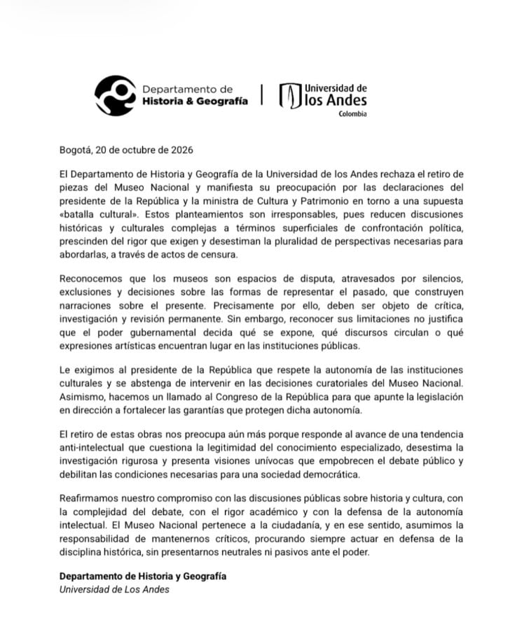 El comunicado por parte del Departamento de Historia y Geografía de la Universidad de los Andes se emitió el miércoles 21 de octubre de 2026 - crédito @histgeouniandes/IG