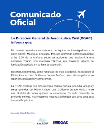 La DGAC emitió un comunicado oficial de condolencias reconociendo la trayectoria y el compromiso de Luis Guillermo Jurado Muñoz con el sector agrícola nacional (Cortesía: Dirección General de Aeronáutica Civil)