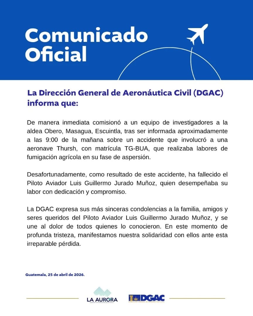 La DGAC emitió un comunicado oficial de condolencias reconociendo la trayectoria y el compromiso de Luis Guillermo Jurado Muñoz con el sector agrícola nacional (Cortesía: Dirección General de Aeronáutica Civil)