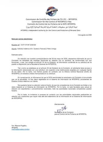 Comunicaciones de la Comisión de Control de los Ficheros de Interpol y del bufete Amadeus Legal and Financial Solutions sobre la solicitud presentada en favor del presidente Gustavo Petro - crédito Presidencia de la República