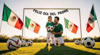 Padre e hija, con camisetas de fútbol verdes, sonríen sosteniendo un balón en un campo. Banderas mexicanas y un cartel de 'Feliz Día del Padre' detrás.