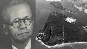 Imagen partida: retrato B/N de hombre con gafas y vista aérea B/N de una península con bosque, edificaciones y playa