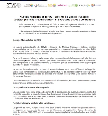 Conforme a lo expuesto por la entidad estatal, algunos de los soportes aportados a las cuentas de cobro registrarían pagos al sistema de seguridad social que, de confirmarse las verificaciones, no se habrían efectuado - crédito RTVC