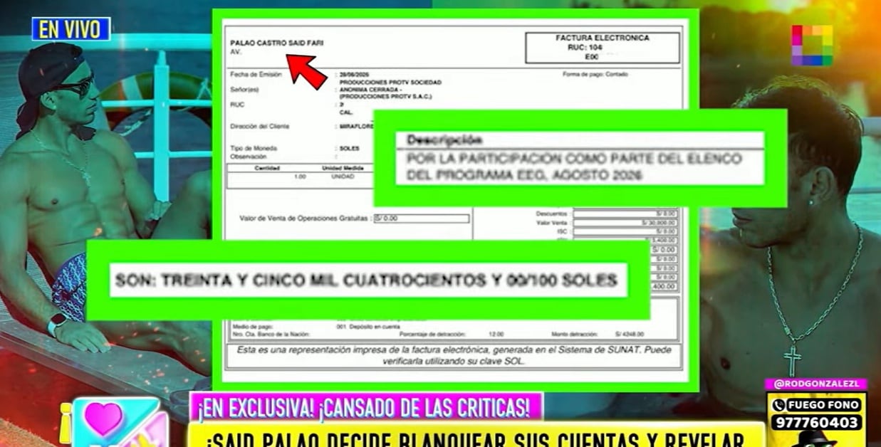 El participante de 'Esto es guerra' mostró un comprobante por S/ 35.400 por su participación en el programa durante agosto de 2026. Amor y Fuego.