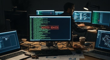 Primer plano de una pantalla de ordenador mostrando 'ACCESO DENEGADO' en rojo, con código en verde. Al fondo, un programador trabaja en un entorno oscuro con múltiples monitores.