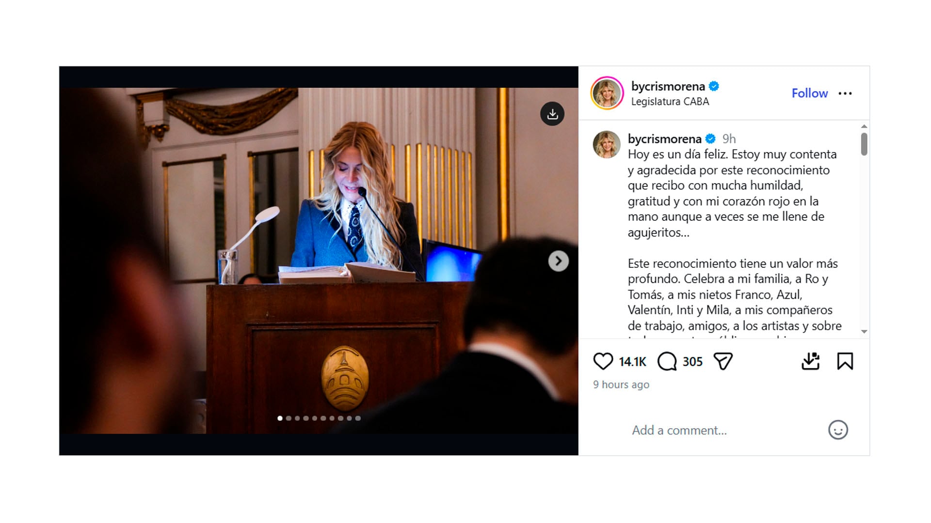 Cris Morena y su cuenta de Instagram donde reflejó el reconocimiento (@bycrismorena)