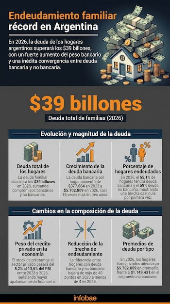 Ilustración de una casa rodeada y cubierta por grandes pilas de billetes de dólar y monedas, simbolizando el endeudamiento familiar.
