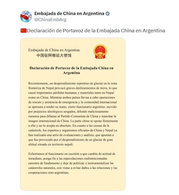 El tuit de la Embajada de China en Argentina