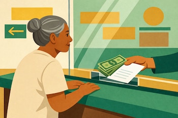 Ilustración de una persona adulta de perfil en una ventanilla bancaria, recibe billetes de dólares y una hoja de papel de una mano del otro lado del vidrio.