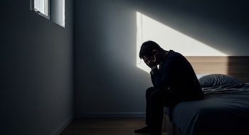 Una persona sentada en una cama con el rostro cubierto por sus manos, en una habitación con una ventana por donde entra un rayo de luz que ilumina la pared.