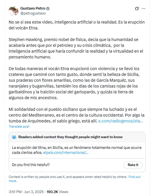 Este fue el controversial mensaje de Gustavo Petro, en redes, el 3 de junio de 2025 - crédito @petrogustavo/X