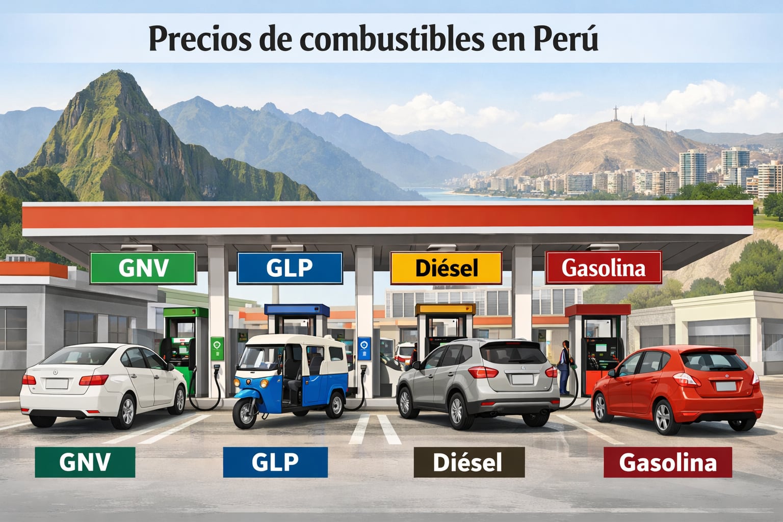 Una ilustración informativa detalla los tipos de combustible GNV, GLP, diésel y gasolina en una estación de servicio peruana con vehículos en fila, en un paisaje urbano andino de Perú. (Imagen Ilustrativa Infobae)