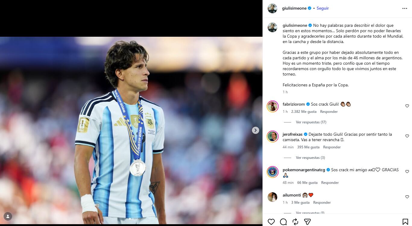 El mensaje de Giuliano Simeone tras la derrota de Argentina en la final del Mundial: “No hay palabras para describir el dolor que siento”