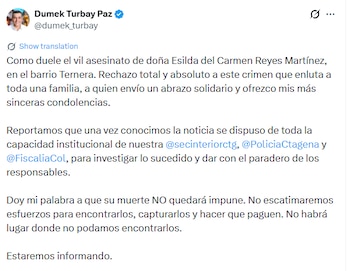Alcalde Dumek Turbay se pronunció tras el asesinato de Esilda Reyes Martínez - crédito @dumek_turbay/X