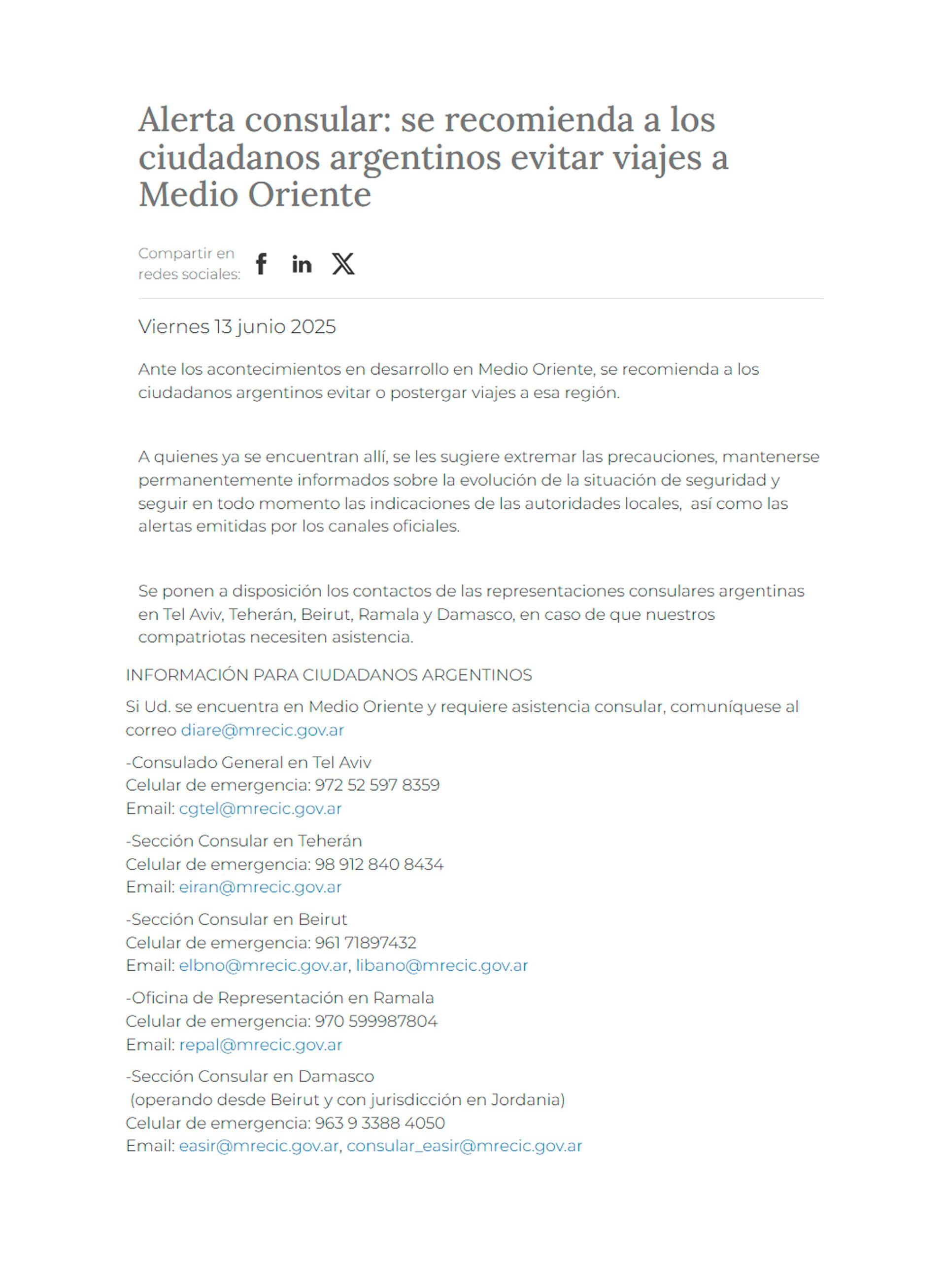 La alerta consular de Cancillería