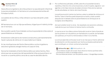 El presidente Gustavo Petro recordó episodios de amenazas que, según él, sufrió su familia durante los gobiernos de Uribe, atribuidos a estructuras paramilitares - crédito @petrogustavo/X