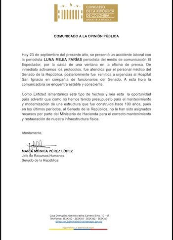 Henríquez solicitó una revisión exhaustiva de las instalaciones del Senado después del accidente ocurrido en la oficina destinada a los periodistas - crédito Senado de la República