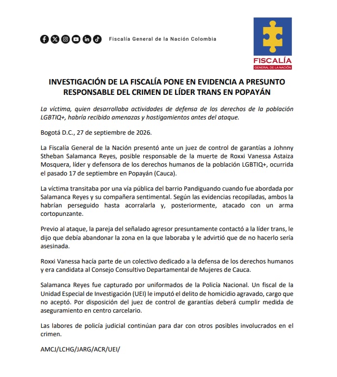 La Fiscalía General de la Nación informó que un juez de control de garantías impuso una medida de aseguramiento en centro carcelario contra Johnny Stheban Salamanca Reyes - crédito Fiscalía