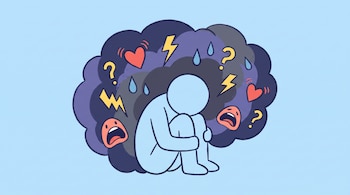 Caricatura de persona sentada en posición fetal dentro de una nube oscura con relámpagos, corazones acelerados, gotas de sudor, signos de interrogación y bocas de miedo. Fondo azul.